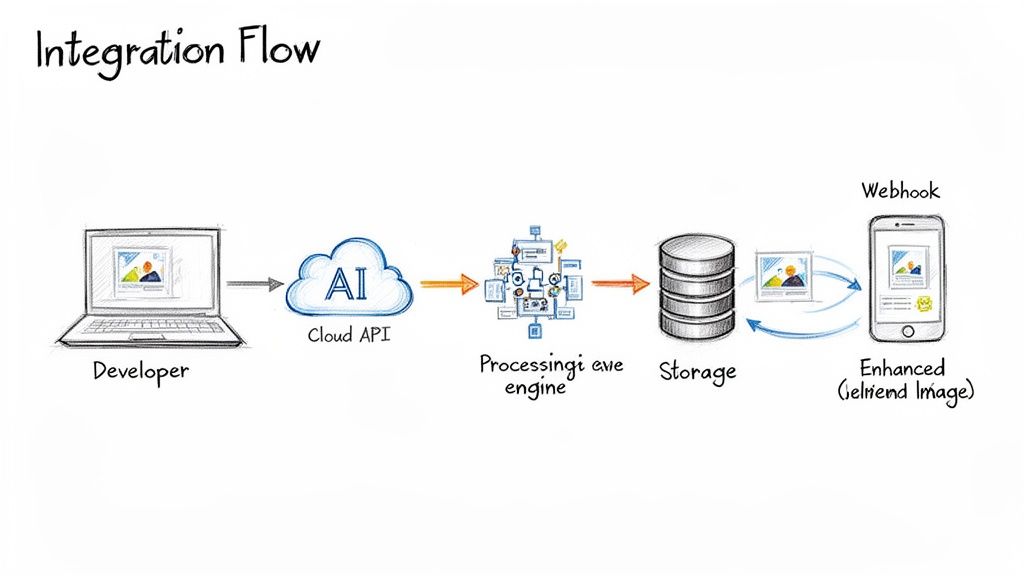 Diagram illustrating an integration flow for AI-powered image enhancement from developer to mobile device.