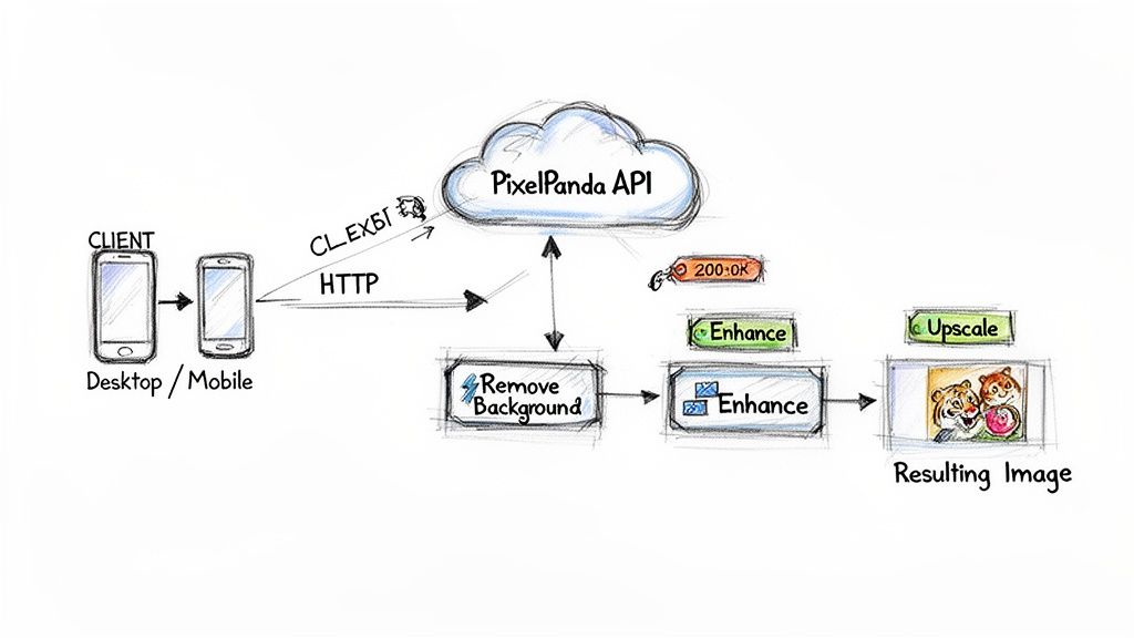 Diagram illustrating the PixelPanda API workflow for image processing: client requests trigger remove background, enhance, and upscale steps, yielding a resulting image.