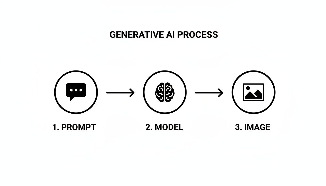 Diagram illustrating the generative AI process: a prompt goes into an AI model to produce an image.