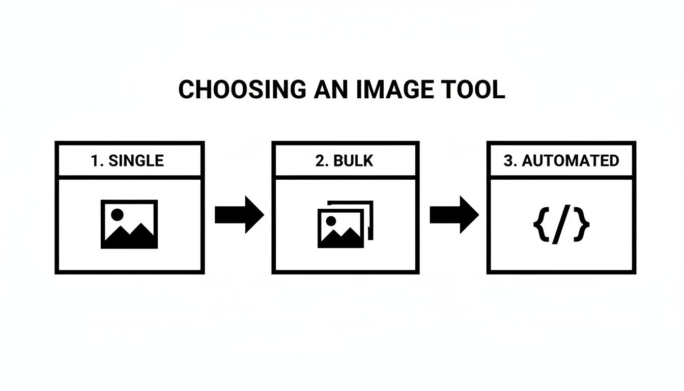 A diagram illustrating how to choose an image tool, from single image processing to bulk and automated solutions.