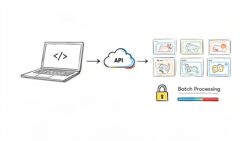 A diagram shows a laptop connecting to an API cloud for batch processing multiple data windows.