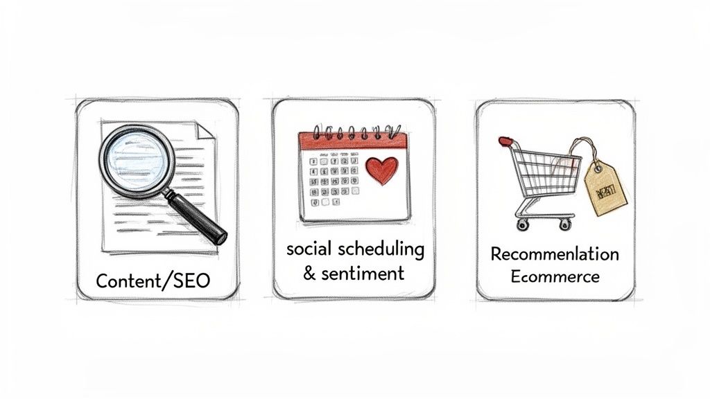 Three sketched icons representing content SEO, social media scheduling, and e-commerce recommendations.