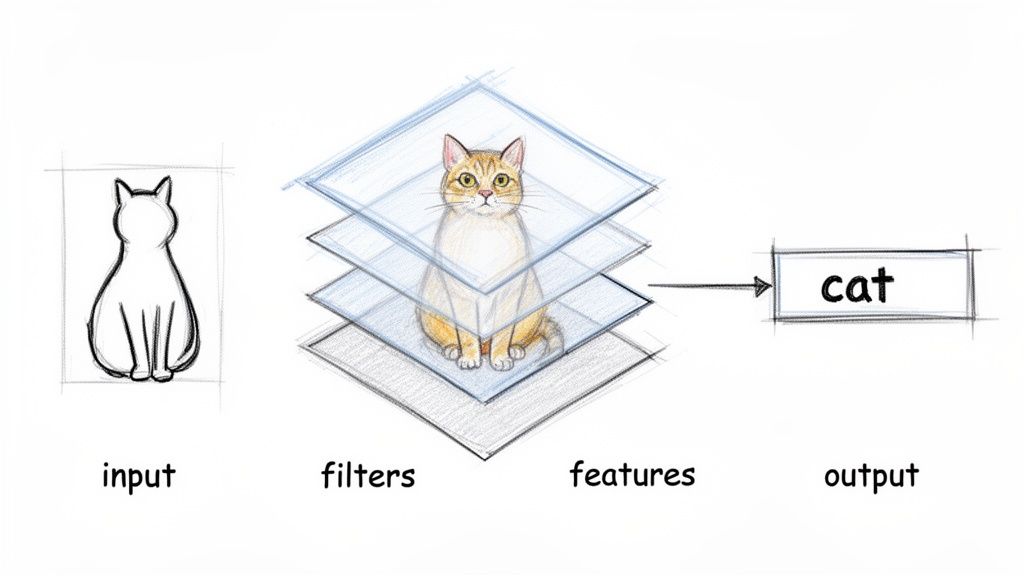 A diagram illustrates an AI image recognition process, transforming a cat sketch through filters into a 'cat' label.