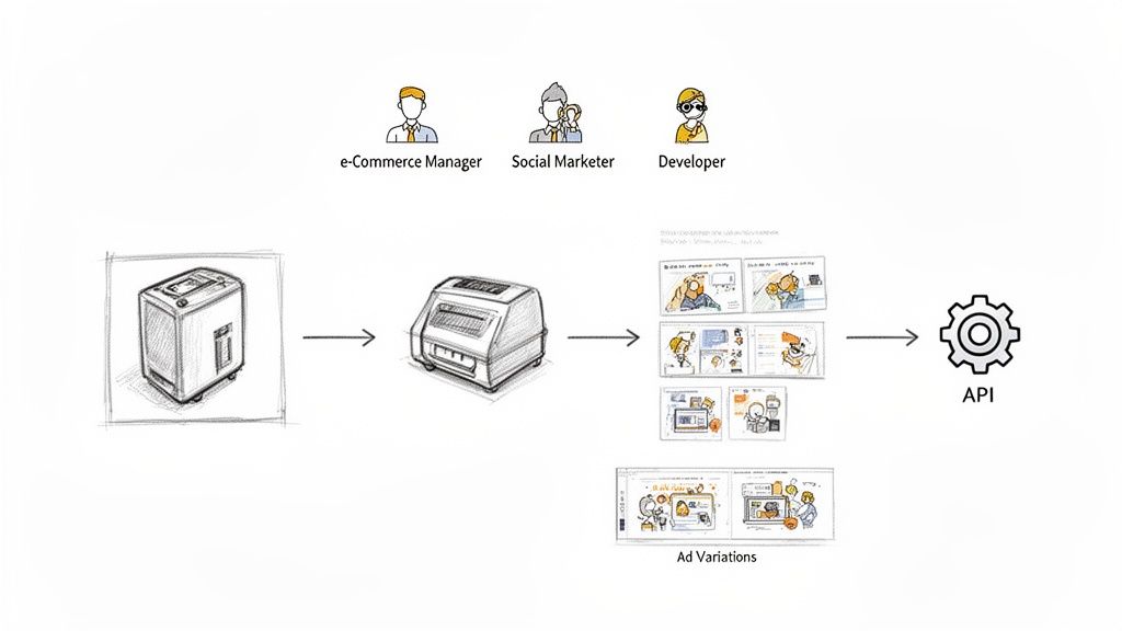 Workflow illustrating how AI helps e-commerce managers and marketers generate ad variations via an API.