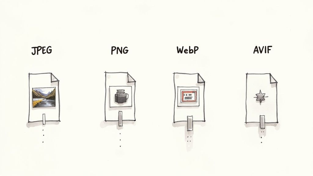 Diagram showing four document icons representing different image file formats: JPEG, PNG, WebP, and AVIF.
