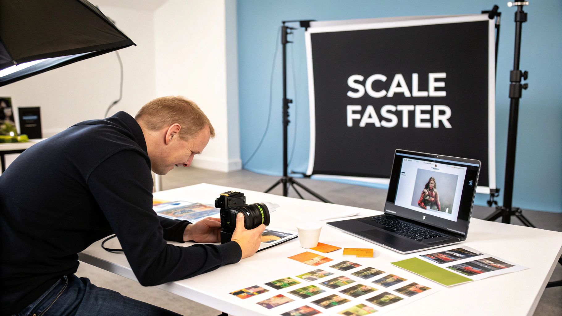 A man intently examines a camera in a studio, surrounded by a laptop, photo prints, and lighting equipment.