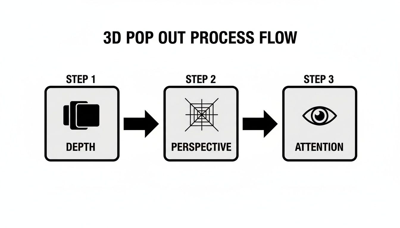 A 3D pop out process flow diagram illustrating three steps: Depth, Perspective, and Attention.