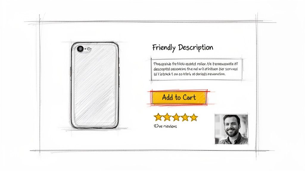 Sketch of an e-commerce product page featuring a smartphone, 'Add to Cart' button, and customer reviews.