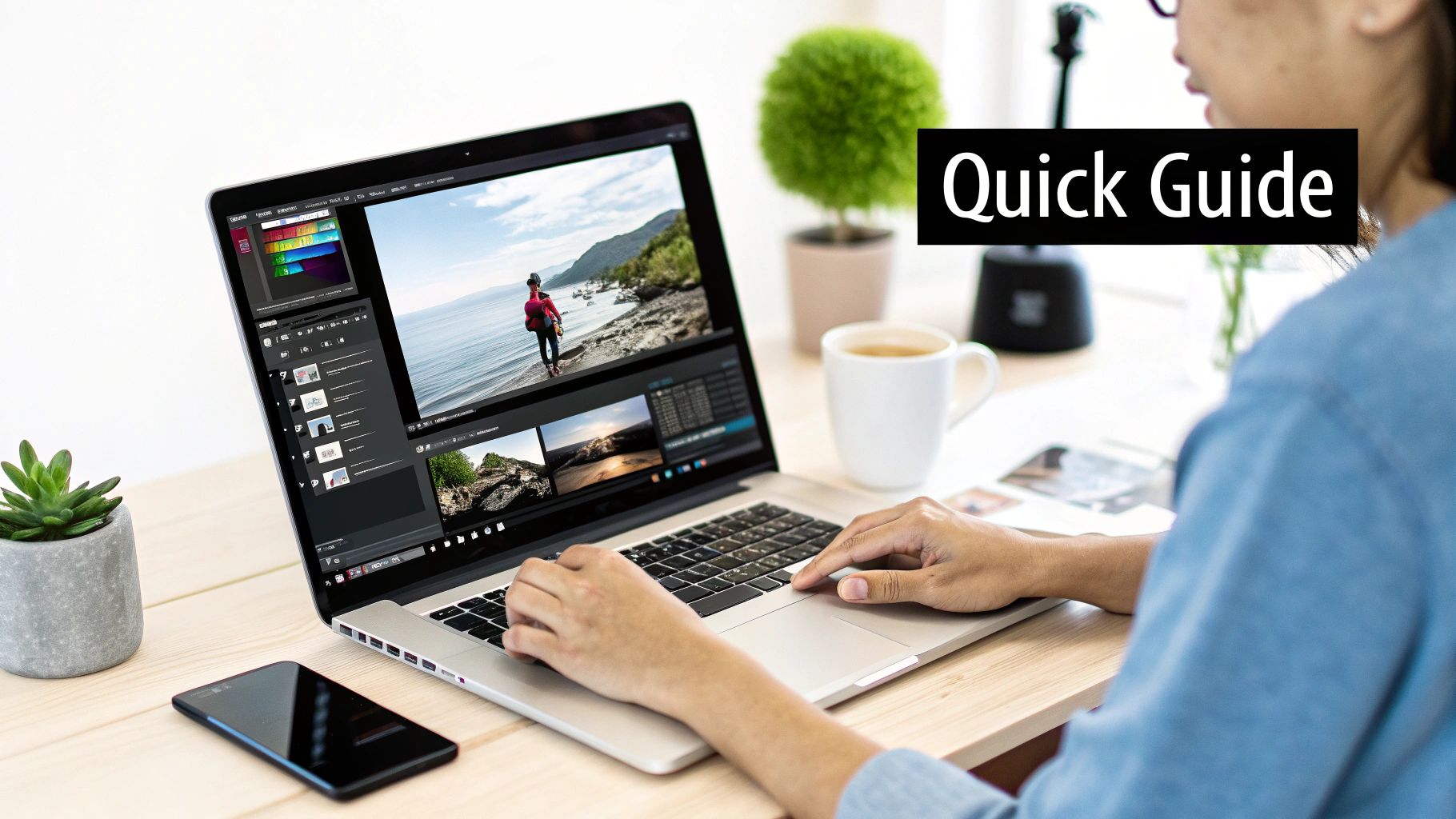 Person uses laptop for video editing with coffee, phone, and plants on a wooden desk.
