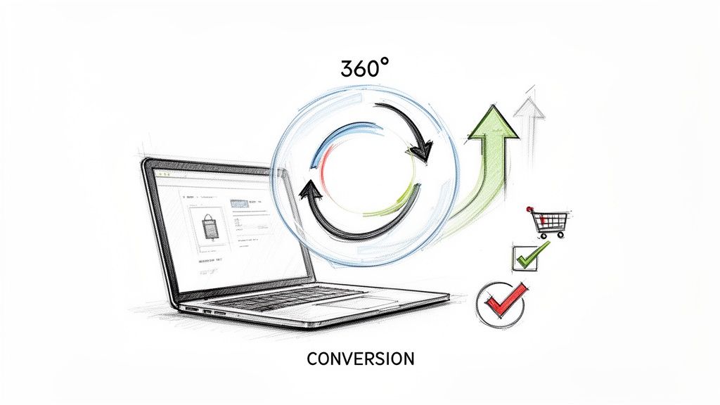 Sketch illustration of a laptop, 360-degree cycle, upward arrow, and shopping cart leading to conversion.