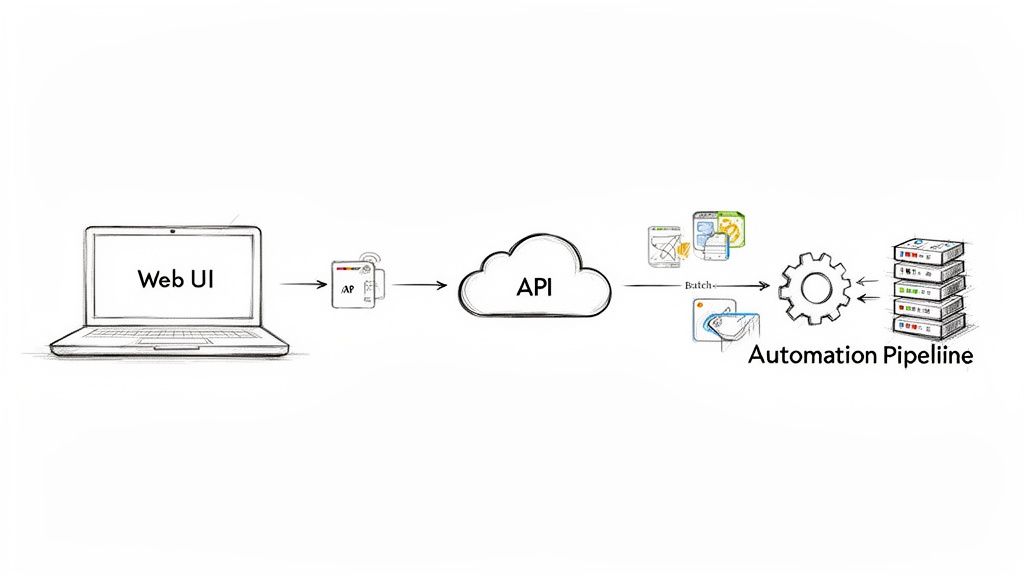 System architecture diagram depicting a Web UI, API, batch processing, and an automation pipeline.