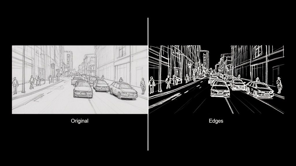 A split image displaying a city street sketch next to its white-on-black edge detection version.