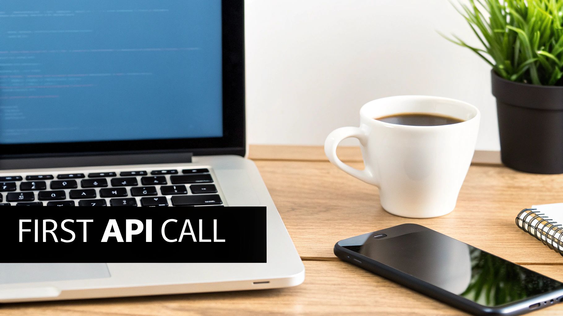 Laptop displaying code, coffee cup, smartphone, and plant on a desk with 'FIRST API CALL' text.