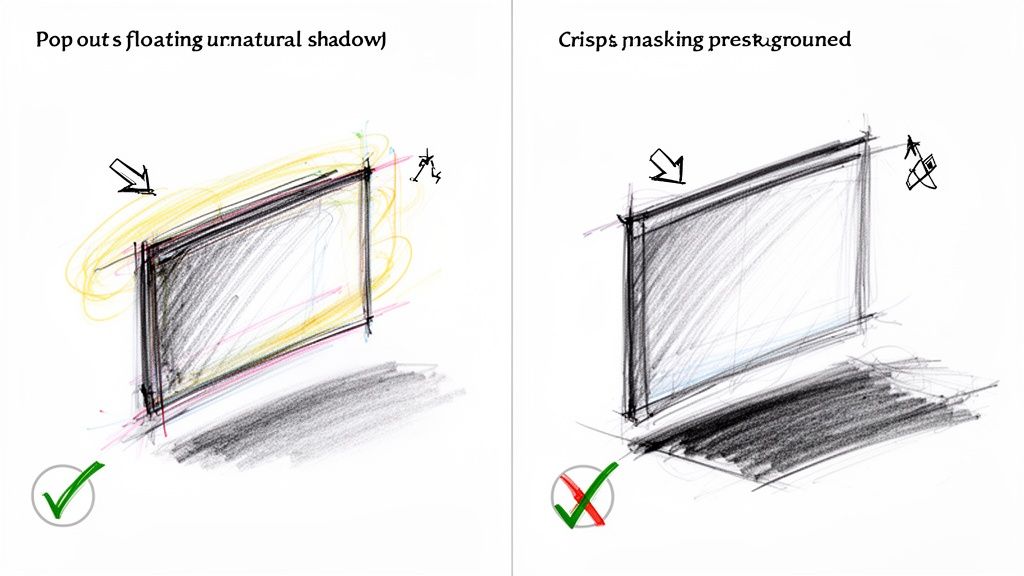 Two hand-drawn sketches compare 3D shapes with shadows; one appears floating, the other grounded on a surface.
