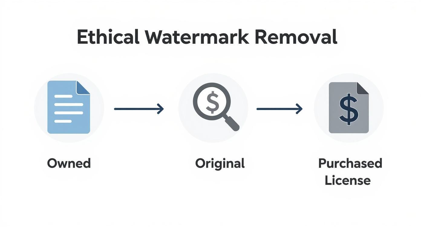 A flowchart demonstrating the ethical process of removing watermarks by obtaining a purchased license.