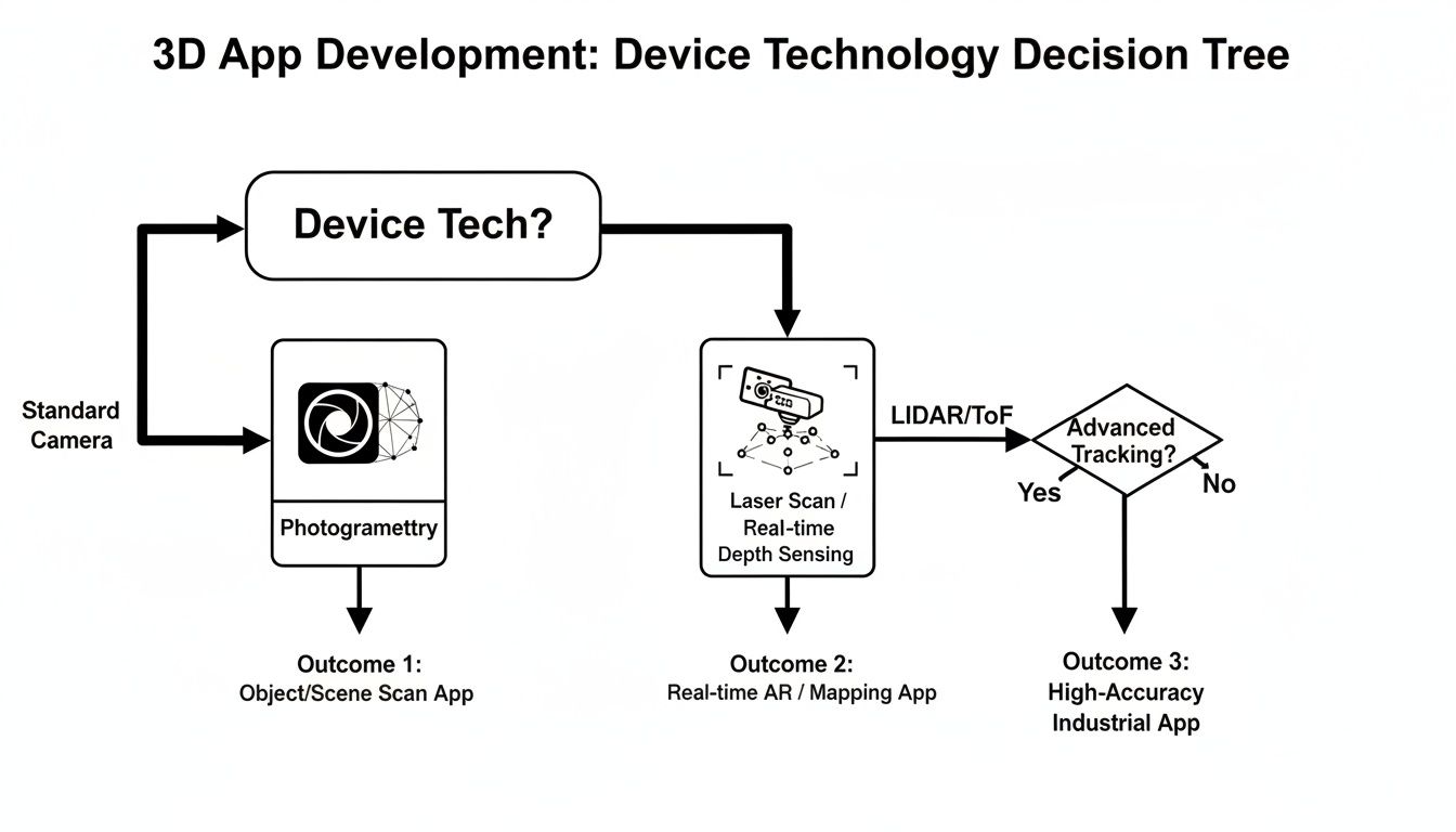 A decision tree illustrating 3D app development choices based on device technology, from standard camera to advanced tracking.