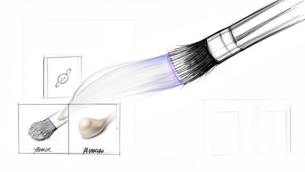 A black and white sketch of a makeup brush with a luminous cosmetic product stream.