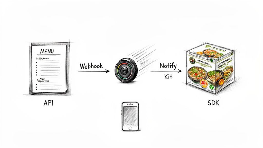 Diagram illustrating data flow from API via Webhook to a notification kit and SDK, with a smartphone.