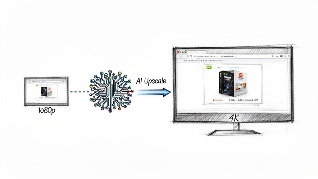 Diagram illustrating AI upscaling from a 1080p screen to a sharper 4K resolution display.