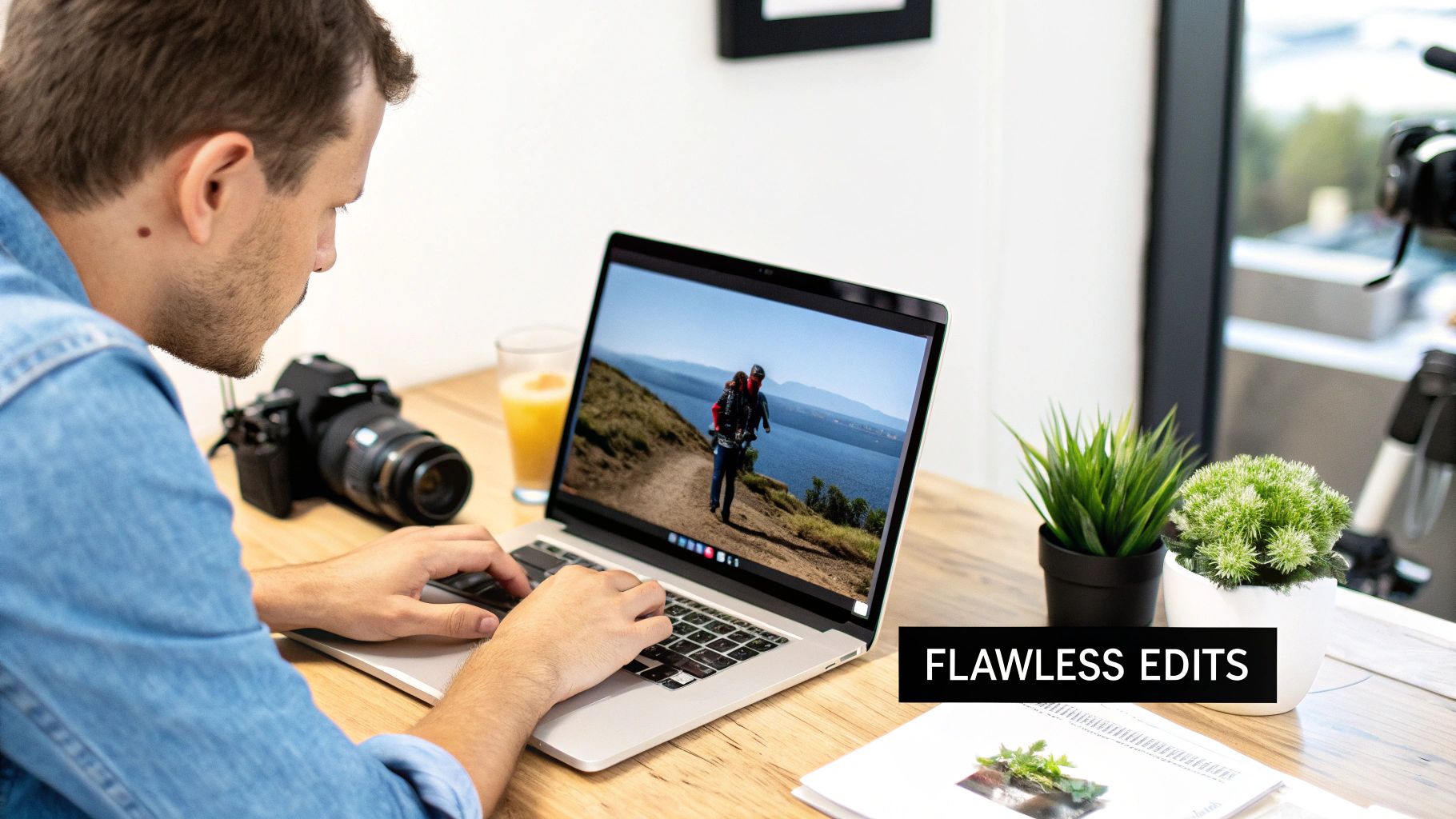 A man editing a landscape photo on a laptop with a camera and plants on a wooden desk.