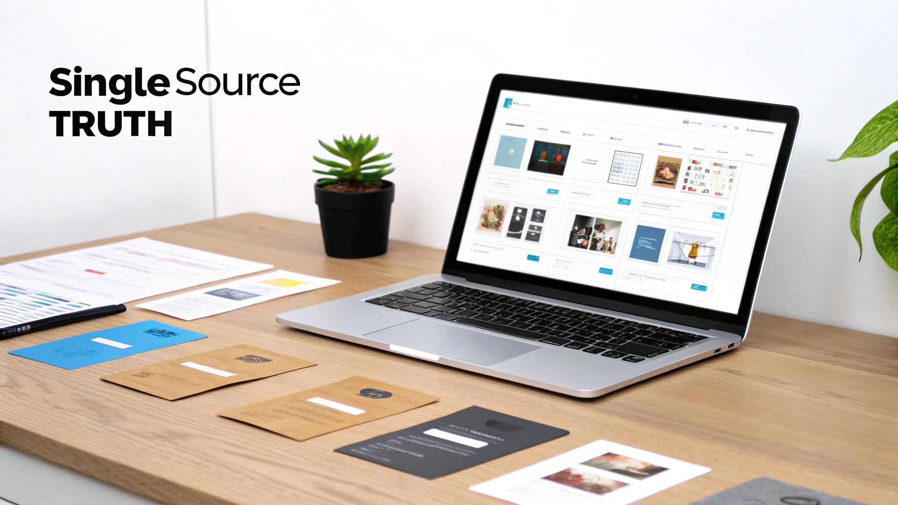 Laptop displaying product catalog software on a tidy wooden desk with office supplies.