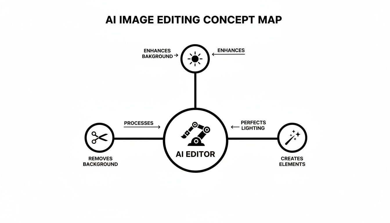 A concept map illustrating AI image editor functions: background removal, enhancement, lighting perfection, and element creation.