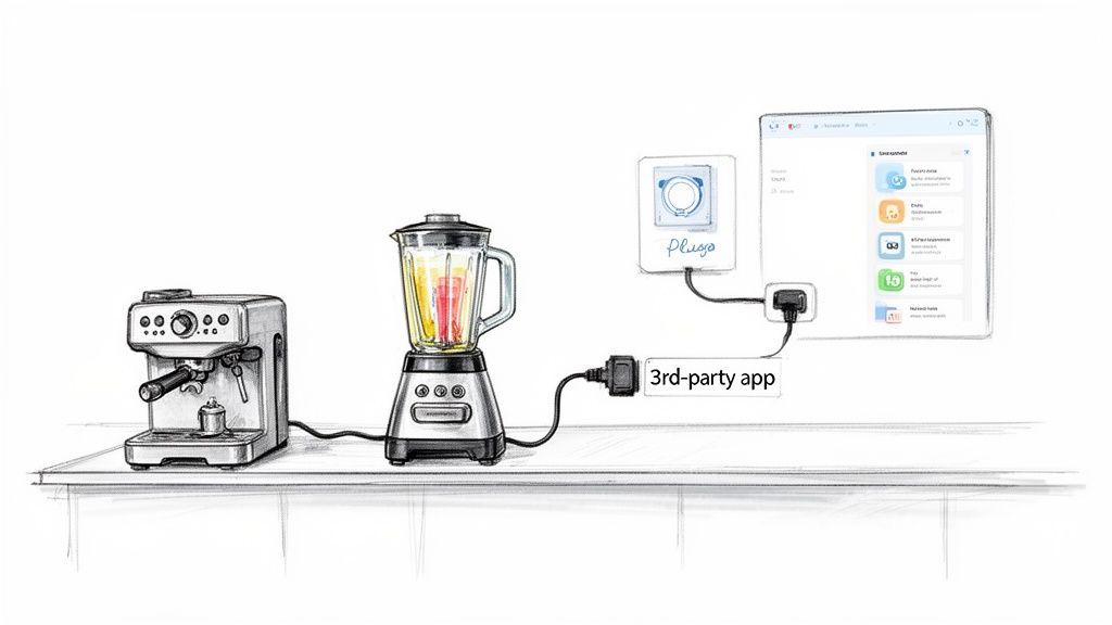 A blender and espresso machine connected to a smart plug, controlled by a 3rd-party app on a tablet.