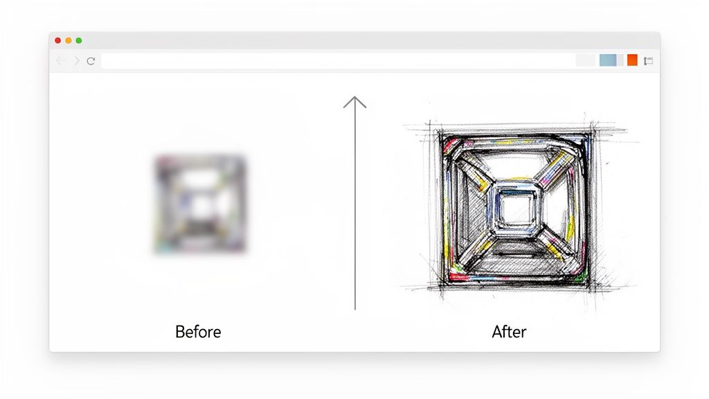 Browser window displaying a blurry 'Before' image transforming into a sharp, colored 'After' sketch.