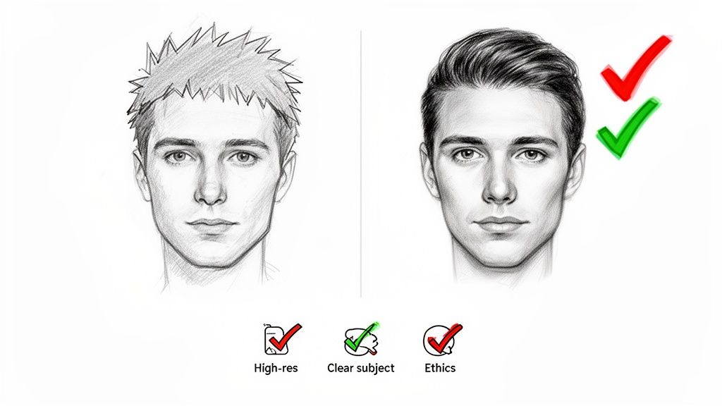 Two pencil drawings of a man's face, one with spiky hair and one neatly styled, with quality indicators.