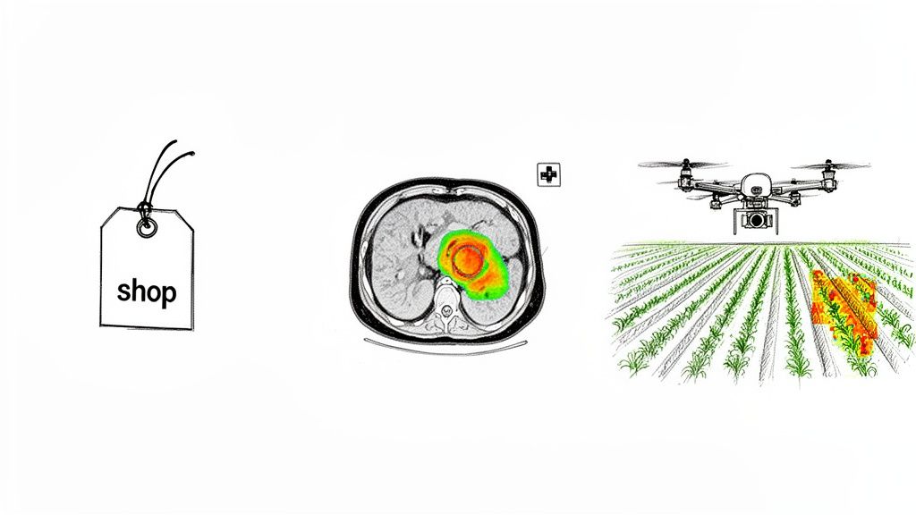 Illustrations of a shop tag, a medical scan with an anomaly, and a drone monitoring crops.