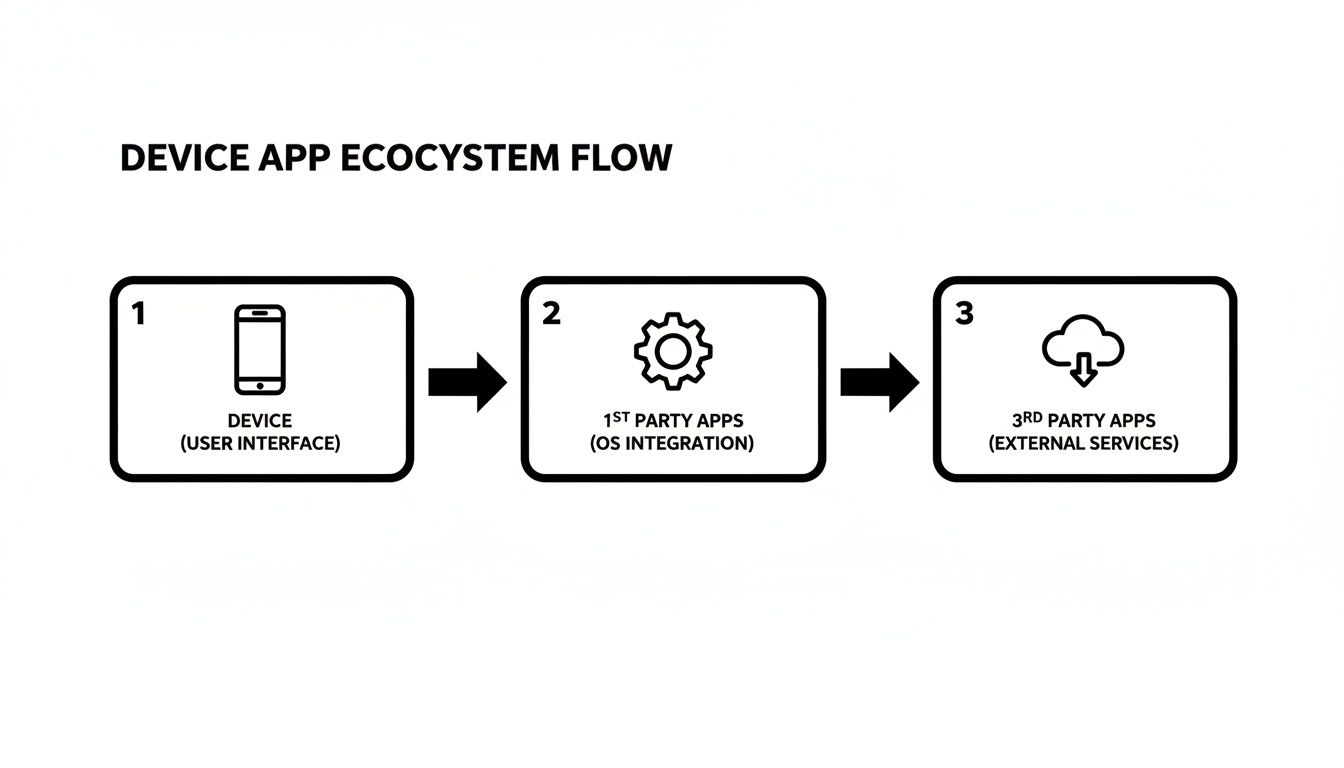A flowchart illustrating the device app ecosystem, moving from device UI to first-party and third-party apps.