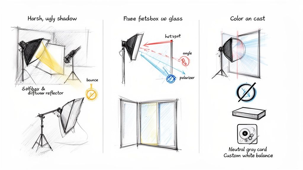 Diagrams illustrating product photography lighting techniques: softening shadows, reducing glass reflections, and correcting color casts.
