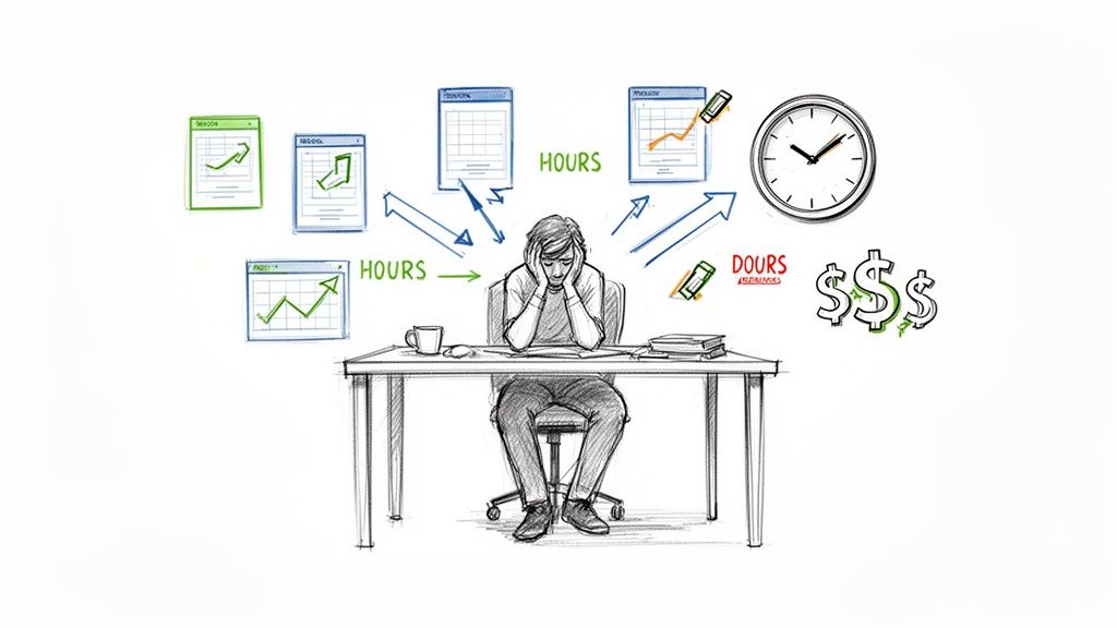 A stressed person at a desk surrounded by charts, calendars, a clock, and dollar signs, illustrating task management overwhelm.