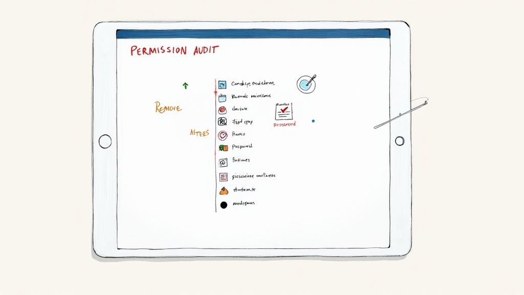 A hand-drawn 'Permission Audit' checklist displayed on a digital tablet, with a stylus resting nearby.