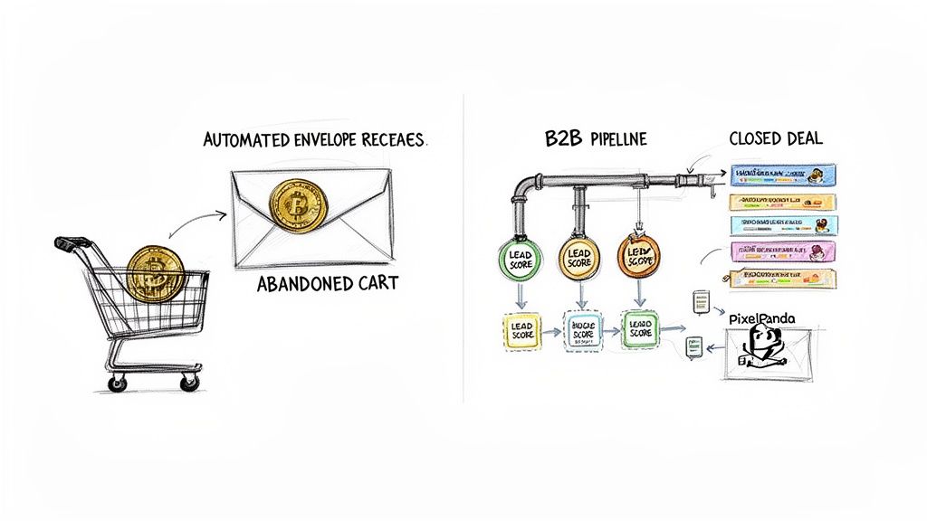Diagrams illustrating automated abandoned cart recovery and a B2B marketing and sales pipeline.