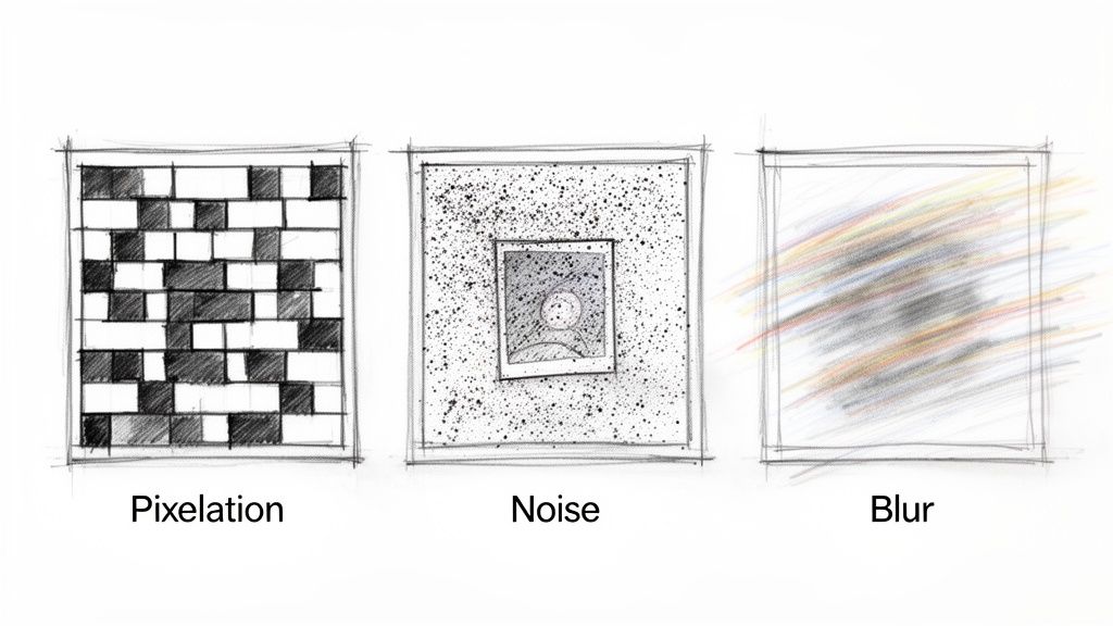 A sketch showing three common image degradation effects: pixelation with blocks, speckle noise, and motion blur.