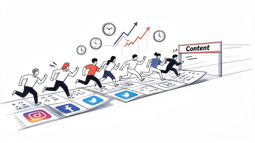 Illustration of individuals racing across social media apps towards a content goal, with clocks and growth charts.