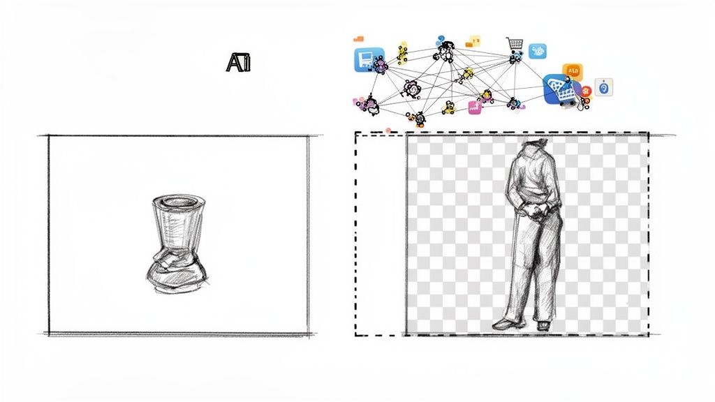 Sketches of a beaker and a person, one with a transparent background, alongside an AI network diagram.