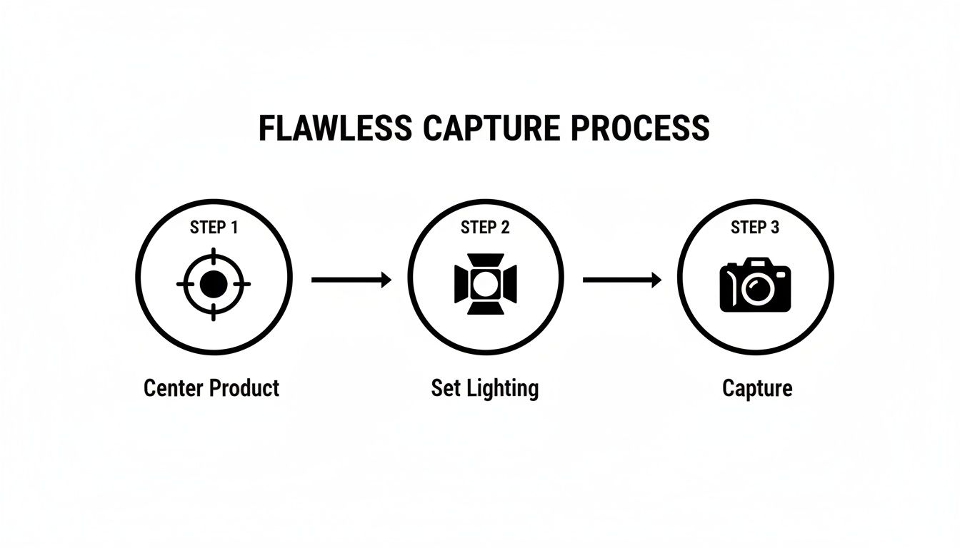 A three-step process for flawless product photography: center product, set lighting, and capture.