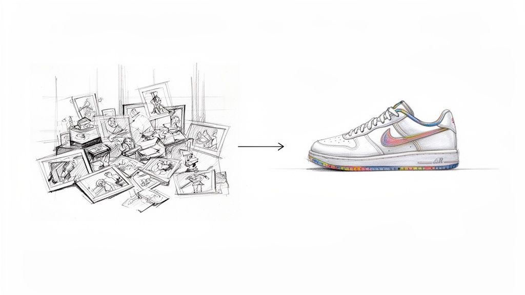 Sketch illustrating many old photos and art inspiring the design of a rainbow Nike Air Force 1 sneaker.