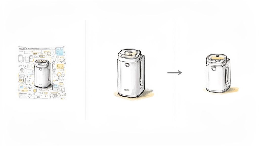 Design sketches illustrating the evolution of a white cylindrical smart home device, from concept to refined.