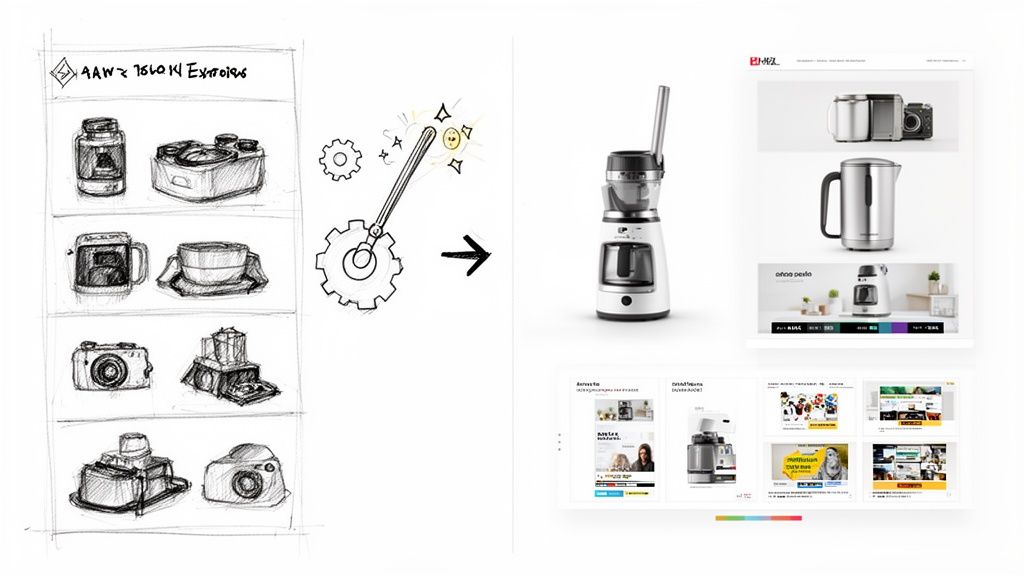 Image showing the evolution from rough product sketches and design concepts to polished product photos on an e-commerce website.