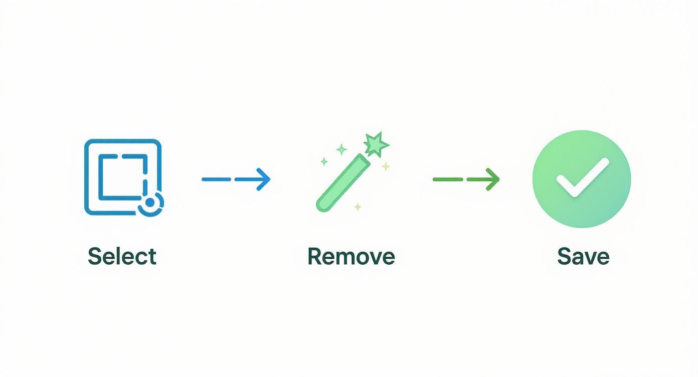 A visual guide showing steps to select, remove objects with a magic wand, and save a photo.