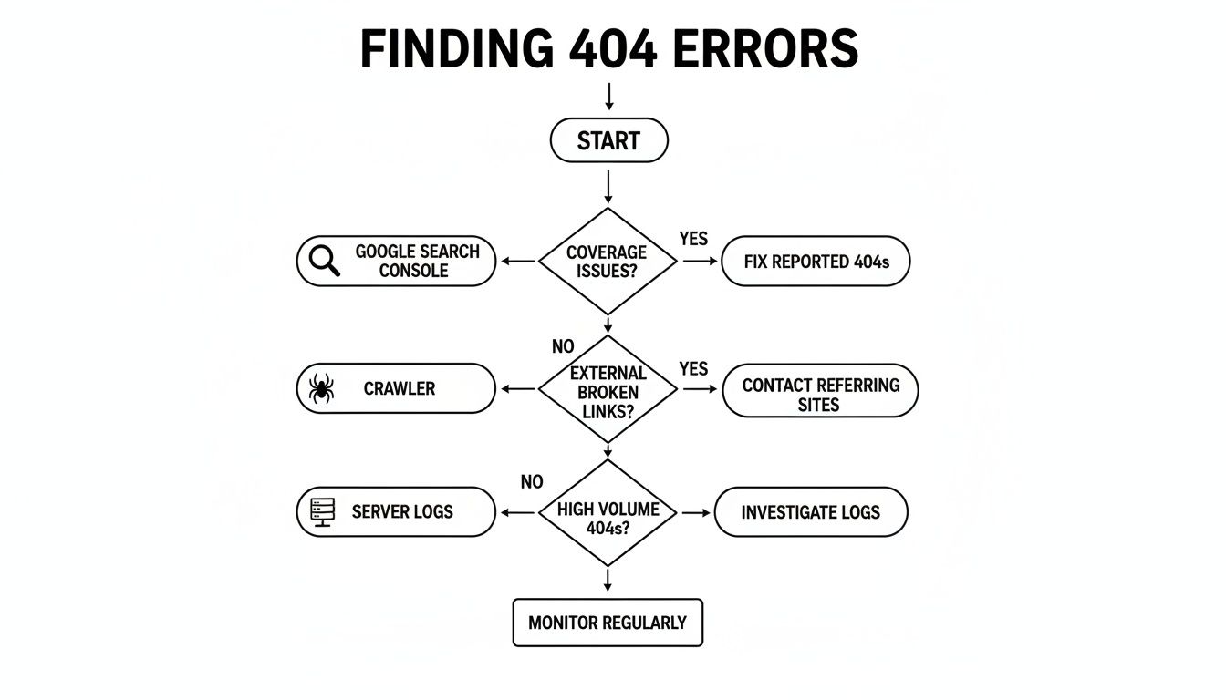 A flowchart detailing the process of finding and resolving 404 errors for website maintenance.