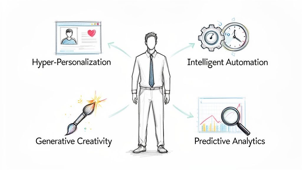 A diagram showing a person surrounded by icons representing AI capabilities like hyper-personalization and intelligent automation.