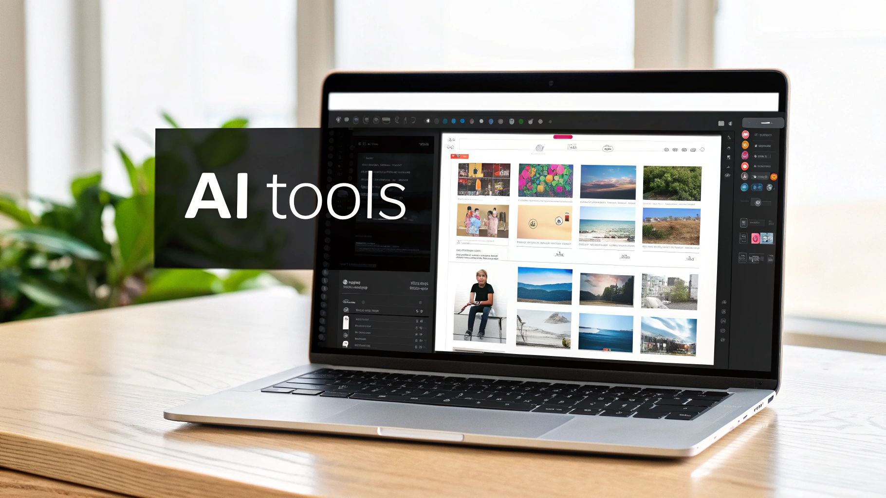A silver laptop on a wooden desk displays an 'AI tools' interface with a grid of diverse images.