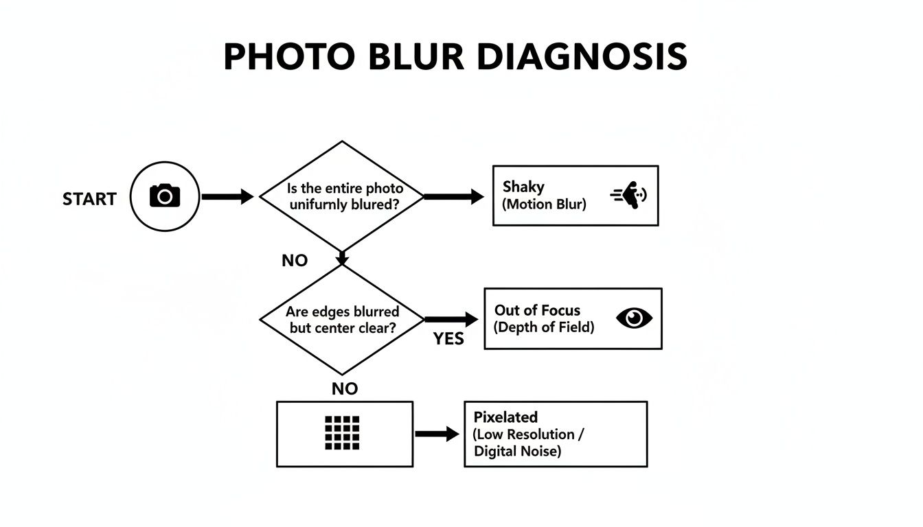 Flowchart diagnosing photo blur issues: shaky (motion blur), out of focus (depth of field), or pixelated (low resolution).
