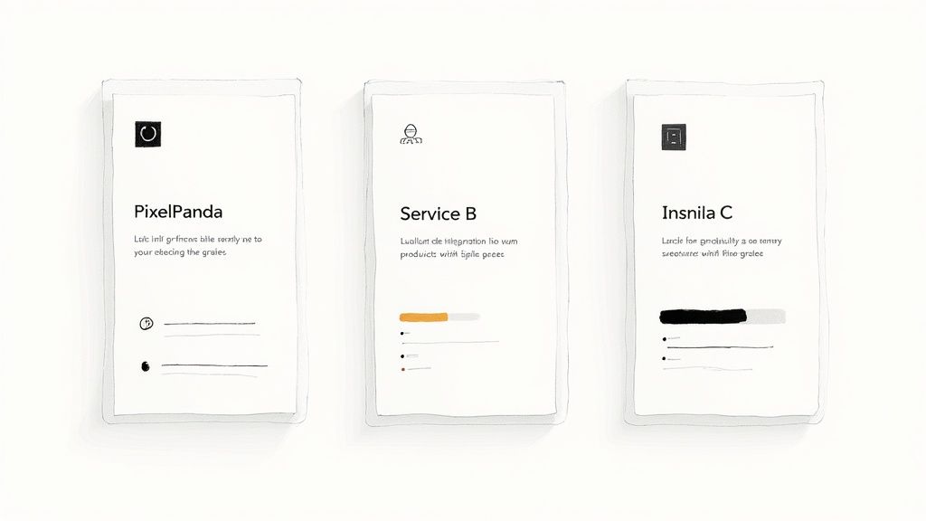 Three minimalist white cards display different service designs with text, icons, and progress bars.