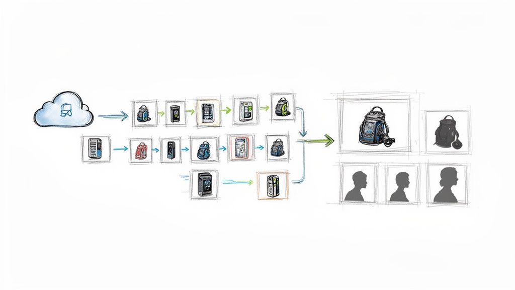 A diagram illustrating data processing from a cloud, through various steps, to product recommendations and user profiles.