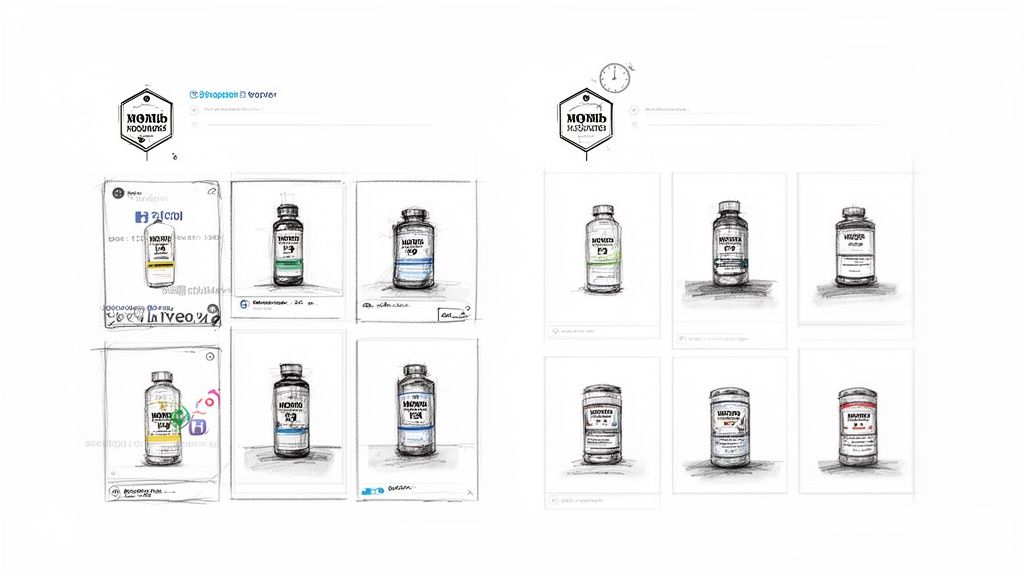 Hand-drawn sketches of various bottle designs with labels and design elements on a white background.
